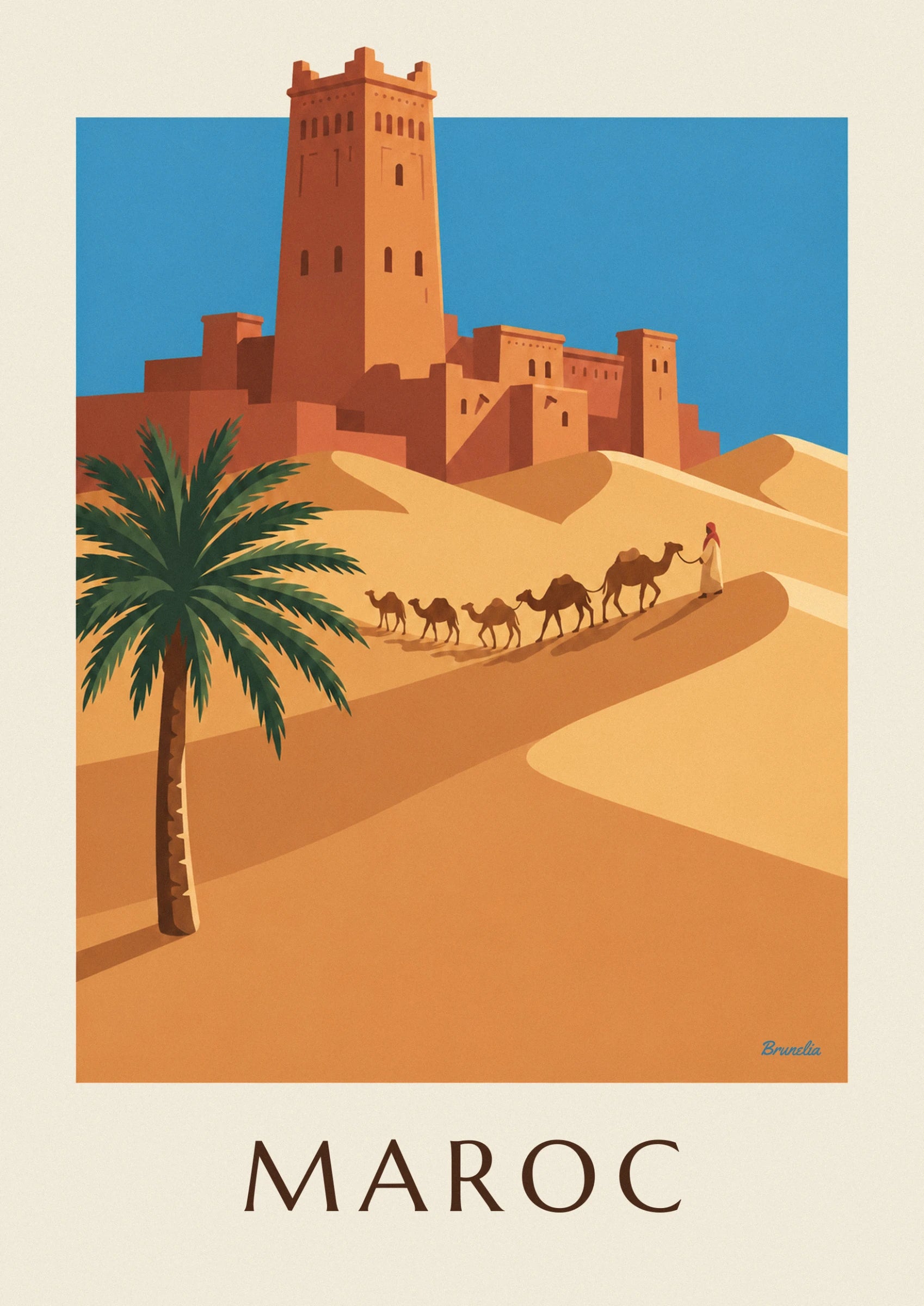 The tall ochre earth tower of the casbah, its small windows and a green palm frond, beneath a blue sky