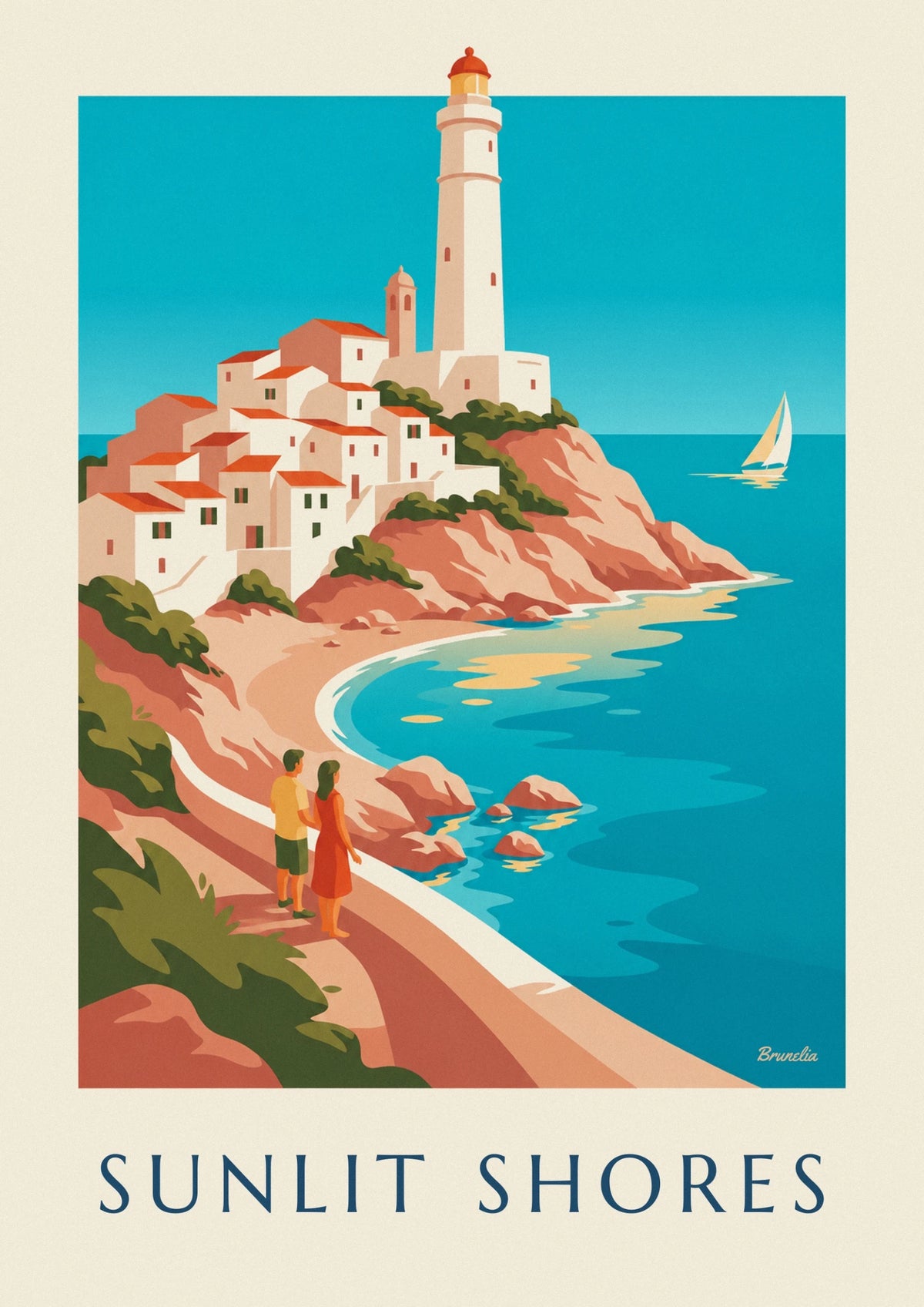 Affiche côte méditerranéenne, village blanc et phare