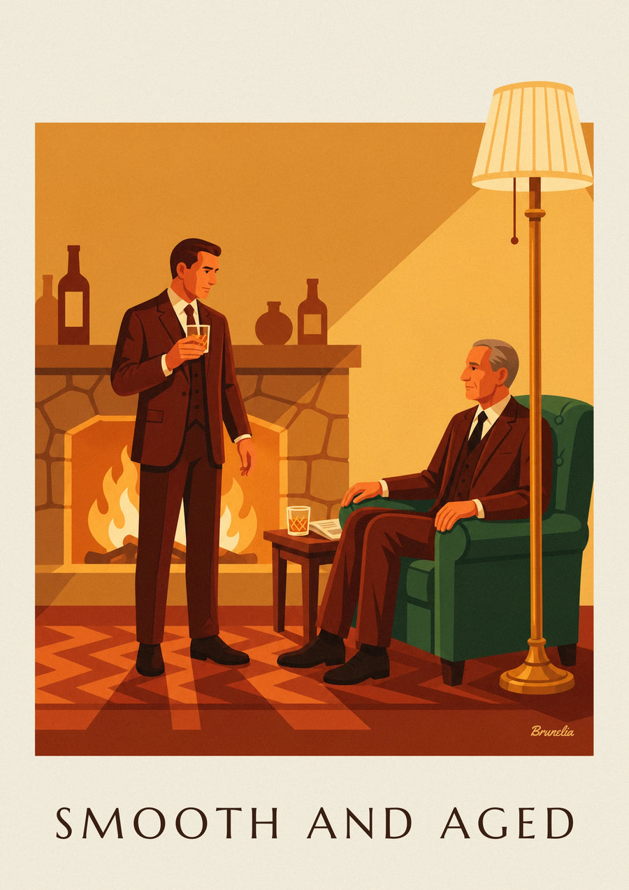 Whiskyplakat, mand i jakkesæt ved pejsen