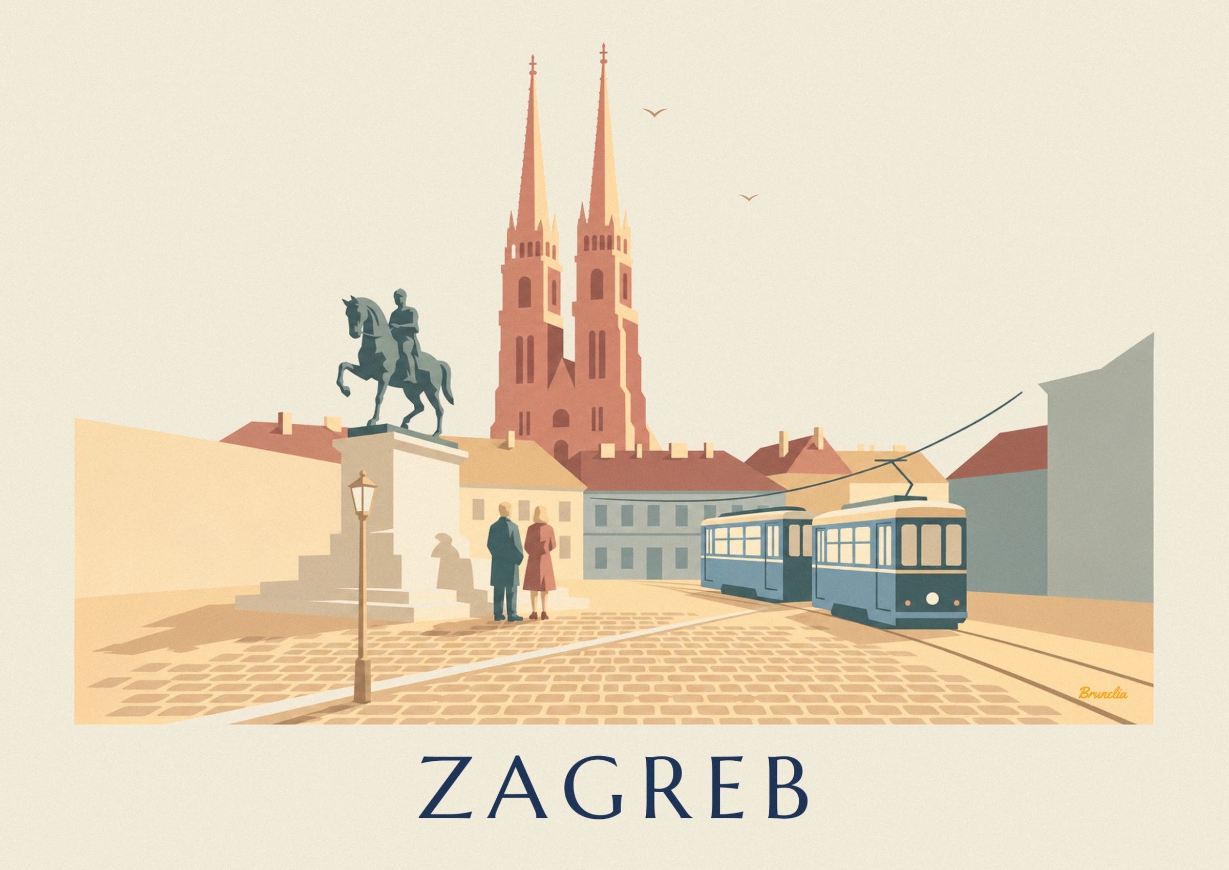 Les 2 voitures bleues du tramway, leurs lignes aériennes et les pavés dorés de Zagreb